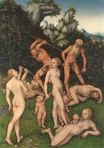 LUCAS CRANACH Der Ältere, Ende des silbernen Zeitalters (?). Um 1530 (Männer, Frauen, nackt, Aktmalerei, Kampf, Neid, klagende Frauen, Landschaftsmalerei, Klassiker, Renaissance, Wohnzimmer)