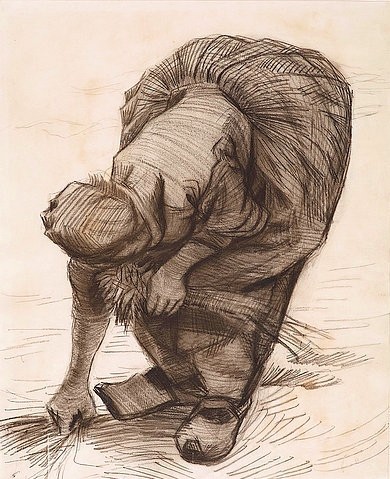 Vincent van Gogh, Paysanne arrachant de l'herbe. / Ährenleserin. 1885. (Gogh,Vincent van,1853-1890,Essen,Museum Folkwang,Schwarze Kreide,19. Jahrhundert,Erworben 1909 für das Folkwang Museum,Hagen,seit 1922 Essen,Post-Impressionismus,vincent van gogh,zeichnung,frau,bäuerin,arbeit,feldarbeit,nachlese,landwirtschaft,gebeugt,geb)