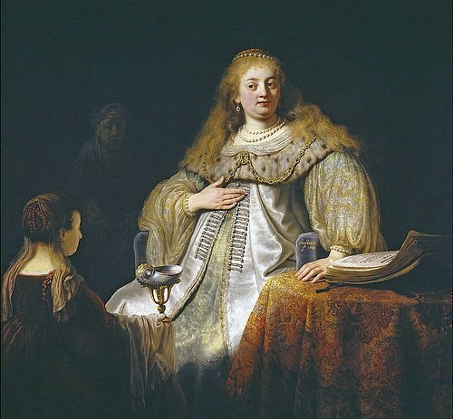 Rembrandt van Rijn, Judith am Bankett des Holofernes. 1634 (Barock,17. Jahrhundert,Öl auf Leinwand,1606-1669,Rembrandt van Rijn,Madrid,Museo del Prado,Rembrandt van Rijn,Artemisia,Heldin,Frau,heldenhaft,Hell-Dunkel-Kontrast,Licht und Schatten,bestickt,Puffärmel,Seide,gold,Posamenterie,Hermelin Pelz,Goldkette,Schmu)