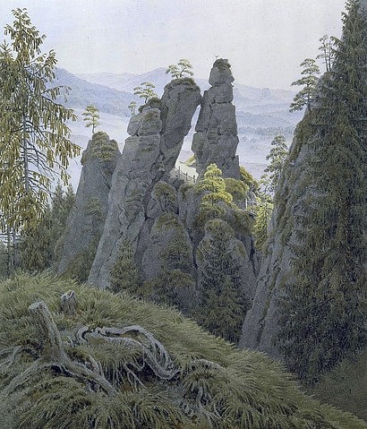 Caspar David Friedrich, Das Tor auf dem Neurathen. Um 1837-40 (Friedrich,Caspar David,St. Petersburg,Eremitage,1774-1840,Aquarell und Bleistift,19. Jahrhundert,auf Papier,Romantik,Landschaft,Friedrich, Caspar David,Landschaft,Sächsische Schweiz,Fels,Felsen)