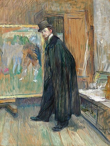 Henri de Toulouse-Lautrec, Portrait von Henri Nocq. 1897 (Henri Nocq war ein belgischer Künstler.) (Portrait,französischer,Impressionismus,19. Jahrhundert,mit Lösungsmittel auf Karton,Öl,Christie's Images Ltd,1864-1901,Toulouse-Lautrec,Henri de,Henri de Toulouse-Lautrec,Henry,1897,Studio,Atelier,Gemälde,Mann,Mantel,schwarz,impressionistisch,Zylinder,Lös)