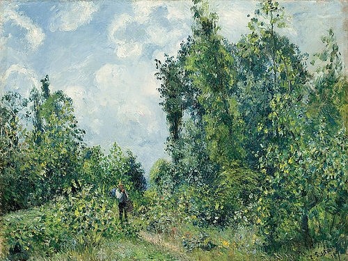 Camille Pissarro, Am Waldrand (Lisière de bois). 1878 (Landschaft,französischer,Impressionismus,19. Jahrhundert,Pissarro,Camille,1830-1903,Öl auf Leinwand,Christie's Images Ltd,Camille Pissarro,1878,Natur,Mann,grün,wolkig,Waldrand,Bäume,Weg,Wald,draußen,ländlich)