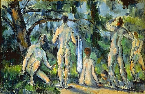 Paul Cézanne, Das Bad. 1892/1894. (Badende, Wald, Natur, nackte Menschen, Aktmalerei, Akt, im Freien, Park, FFK, Klassiker, Post-Impressionismus, Wunschgröße, Wohnzimmer)