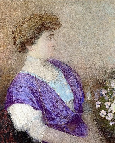 Odilon Redon, Portrait der Marquise de Gonet (Portrait de la Marquise de Gonet). 1907 (Symbolismus, Figurativ, Frau, Eleganz, Hochsteckfrisur,  Portrait, Herzogin, Treppenhaus, Wohnzimmer, Wunschgröße, klassische Moderne, Malerei, bunt)