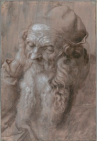Albrecht Dürer, Bildnis eines 93-jährigen Mannes (Studie für das Gemälde 'Der Heilige Hieronymus'). 1521 (Dürer,Albrecht,1471-1528,Wien,Albertina,Pinsel,16. Jahrhundert,Portrait,Renaissance,in Schwarz und Grau,mit Deckweiß gehöht,auf grauviolett grundiertem Papier,Albrecht Dürer,Mann,alt,Greis,Bart,Falten,Kopf,Gesicht,faltig,Kappe,Vollbart,nach unten schauen,)