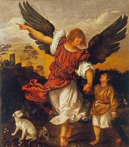 Tizian (Tiziano Vecellio), Der Erzengel Raphael und Tobias. (Engel, Junge, Knabe, Hund, Reise, Vertrauen, Renaissance, Malerei, Klassiker Religion, Christliche Kunst,Venezianische Schule, Wunschgröße, Wohnzimmer, Schlafzimmer, bunt)