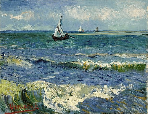 Vincent van Gogh, Seelandschaft in der Nähe von Les Saintes-Maries-de-la-Mer. Arels, Juni 1888. (Gogh,Vincent van,1853-1890,Amsterdam,Van Gogh - Museum,Öl auf Leinwand,19. Jahrhundert,Landschaft,meer,see,boot,segelboot,boote,segelboote,sturm,wellen,seegang,stürmisch,brandung,himmel,wolken,landschaft,impressionistisch,frankreich,französisch)