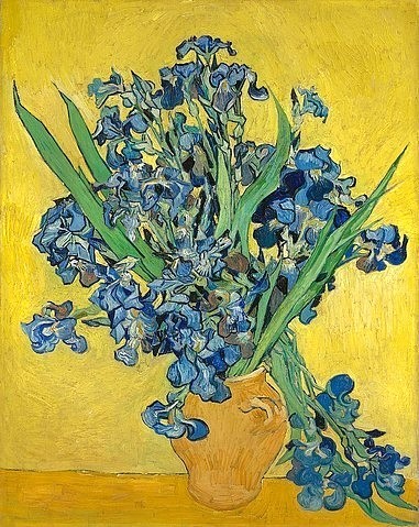 Vincent van Gogh, Irise. Saint-Rémy-de-Provence, May 1890. (Gogh,Vincent van,1853-1890,Amsterdam,Van Gogh - Museum,Öl auf Leinwand,19. Jahrhundert,Post-Impressionismus,blumen,blumenstrauß,vase,blau,gelb,iris,blühend,pflanze,blüten)
