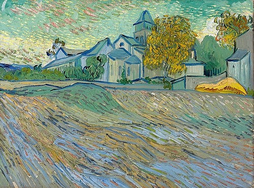 Vincent van Gogh, Vue de l'asile et de la Chapelle de Saint-Rémy. 1889. (Gogh,Vincent van,1853-1890,Öl auf Leinwand,Privatbesitz,19. Jahrhundert,Landschaft,Post-Impressionismus,frankreich,sarthe,dorf,ortschaft,feld,idylle,ländlich,natur,impressionismus,heuhaufen,bäume,französisch,van gogh)
