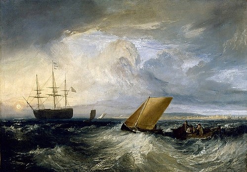 Joseph Mallord William Turner, Sheerness as seen from the Nore. / Sheerness, von der Nore aus gesehen. 1808. (Landschaft,Romantik,19. Jahrhundert,Öl auf Leinwand,Houston,Museum of Fine Arts,1775-1851,Turner,Joseph Mallord William,william turner,stürmische see,meer,seestück,wellen,seegang,boote,schiffe,segelschiffe,segelschiff,segelboot,segelboote,stürmisch,wild,w)