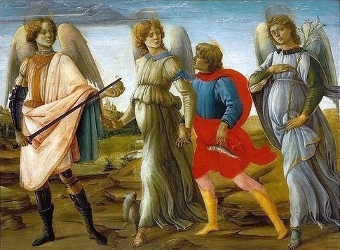 Filippino Lippi, Die Drei Erzengel und Tobias. Ca. 1485. (Lippi,Filippino,1457(?)-1504,Turin,Galleria Sabauda,Tempera/Holz,15. Jahrhundert,Renaissance,Religion,Reproduced with the permission of Ministero per i Beni e le Attivit? Culturali / Alinari Archives,Florence,Christliche Kunst,Turin,engel,erzengel,quattro)