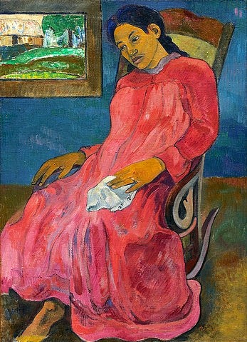 Paul Gauguin, Faaturuma. / Melancholikerin. 1891 (Post-Impressionismus,19. Jahrhundert,Kansas City,Nelson-Atkins Museum of Art,Öl auf Leinwand,1848-1903,Gauguin,Paul,frau,sitzend,porträt,kleid,traurig,melancholie,melancholisch,nachdenklich,schaukelstuhl,allein)