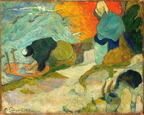 Paul Gauguin, Laveuses à Arles. / Wäscherinnen in Arles. 1888. (Post-Impressionismus,19. Jahrhundert,Bilbao,Museo de Bellas Artes,Öl auf Leinwand,1848-1903,Gauguin,Paul,paul gauguin,frauen,waschfrauen,arbeit,postimpressionismus,ornamental,frankreich,französisch,arbeitend)