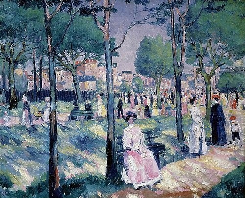 Kasimir Malewitsch, Auf dem Boulevard. 1903. (St. Petersburg,Staatliches Russisches Museum,Malewitsch,Kasimir,1878-1935,Öl auf Leinwand,Russische Avantgarde,kasimir malewitsch,  Sewerinowitsch, russisch,sommer,sonne,park,garten,frau,passanten,spaziergänger,bäume,sonnig,idylle)