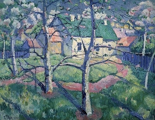 Kasimir Malewitsch, Blühende Apfelbäume. 1904. (St. Petersburg,Staatliches Russisches Museum,Malewitsch,Kasimir,1878-1935,Öl auf Leinwand,Russische Avantgarde,kasimir malewitsch,  Sewerinowitsch, russisch,natur,garten,häuser,dorf,idylle,sonnig,sonnenschein,ländlich)