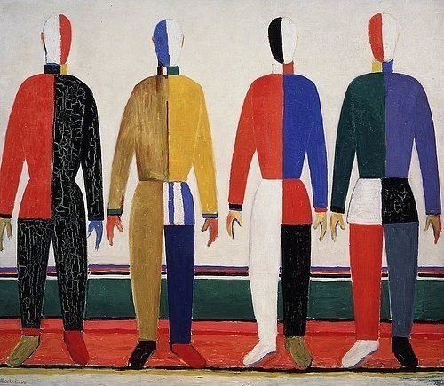 Kasimir Malewitsch, Die Sportler. 1928-32. (St. Petersburg,Staatliches Russisches Museum,Malewitsch,Kasimir,1878-1935,Öl auf Leinwand,Russische Avantgarde,Suprematismus,kasimir malewitsch,  Sewerinowitsch, russisch,männer,figuren,athleten,vier,abstraktion,farbflächen)