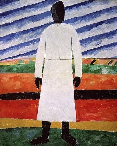Kasimir Malewitsch, Bäuerin mit schwarzem Gesicht. 1928- (Malerei, russische Avantgarde,  Frau, Felder, Himmel, figurativ, Konstruktivismus, Abstraktion,  Klassische Moderne, Wunschgröße, Wohnzimmer, Treppenhaus, bunt)