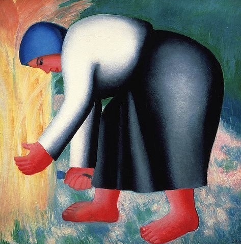 Kasimir Malewitsch, Die Schnitterin. 1928-32. (Malerei, russische Avantgarde,  frau, Feldarbeit, Getreide, figurativ, Konstruktivismus, Abstraktion,  Klassische Moderne, Wunschgröße, Wohnzimmer, Treppenhaus, bunt)