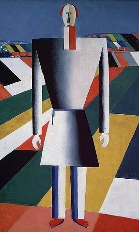 Kasimir Malewitsch, Bauer auf dem Feld. (Malerei, russische Avantgarde,  Felder, Landwirt, figurativ, Kubismus, geometrisch,  Klassische Moderne, Wunschgröße, Wohnzimmer, Treppenhaus, bunt)