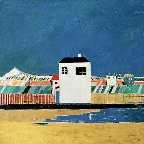 Kasimir Malewitsch, Landschaft mit weißem Haus (St. Petersburg,Staatliches Russisches Museum,Malewitsch,Kasimir,1878-1935,Öl auf Leinwand,Russische Avantgarde,kasimir malewitsch,  Sewerinowitsch, russisch,weißes haus,gebäude)