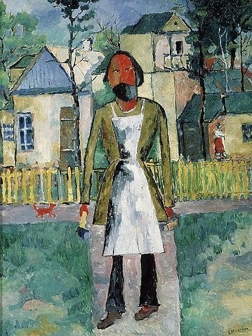 Kasimir Malewitsch, Der Zimmermann. 1908/10 oder nach 1927. (Malerei, russische Avantgarde, expressiv, Handwerker, Garten, figurativ, Wunschgröße, Klassische Moderne,  Wohnzimmer, Treppenhaus, bunt)