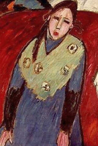 Alexej von Jawlensky, Mädchen in blau-grünem Kleid. (Privatbesitz,Jawlensky,Alexej von,1864-1941,Kinder,Jawlensky, Alexej von 1864-1941, Deutschland, deutsch, 19. Jahrhundert, 20. Jahrhundert, Blauer Reiter, Expressionismus, expressionistisch, expressive, Mädchen, Frau, Tuch, Schultertuch, Bäuerin, traurig,)