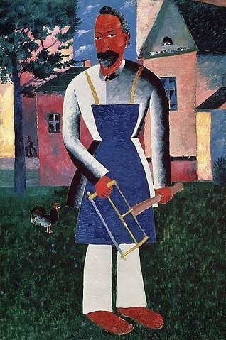 Kasimir Malewitsch, Der Zimmermann III. 1910. (Malerei, russische Avantgarde,  Handwerker, figurativ, Kubismus, geometrisch,  Klassische Moderne, Wunschgröße, Wohnzimmer, Treppenhaus, bunt)