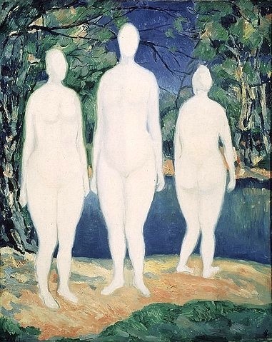 Kasimir Malewitsch, Die Badenden. 1908. (St. Petersburg,Staatliches Russisches Museum,Russische Avantgarde,20. Jahrhundert,Öl auf Leinwand,1878-1935,Malewitsch,Kasimir,kasimir malewitsch,  Sewerinowitsch, russisch,frauen,nackt,see,ufer,seeufer,gestalten,drei)