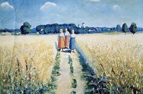Kasimir Malewitsch, Drei Frauen auf einem Weg.1900 (St. Petersburg,Staatliches Russisches Museum,Malewitsch,Kasimir,1878-1935,Öl auf Leinwand,Russische Avantgarde,kasimir malewitsch,  Sewerinowitsch, russisch,landschaft,feldweg,felder,getreide,getreidefelde,ländlich,sommer,sommerlich,sonnig,sonne)