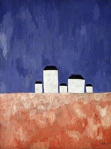 Kasimir Malewitsch, Landschaft mit fünf Häusern. Ca. 1932. (Malerei, russische Avantgarde,  Häuser, Himmel, abstrahiert, geometrisch,  Klassische Moderne, Wunchgröße, Wohnzimmer, Treppenhaus, bunt)
