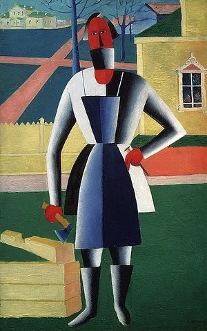 Kasimir Malewitsch, Der Zimmermann. (Malerei, russische Avantgarde,  Handwerker, figurativ,Kubismus, geometrisch,  Klassische Moderne,  Wohnzimmer, Treppenhaus, Wunschgröße, bunt)