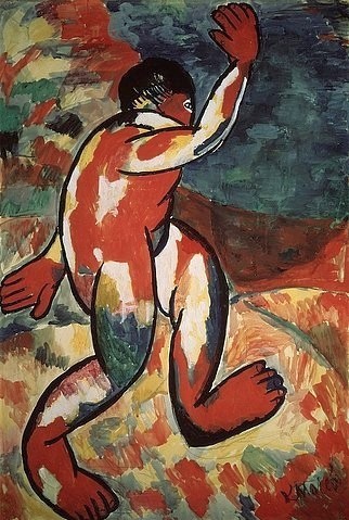 Kasimir Malewitsch, Der Badende. 1911. (Malerei, russische Avantgarde,  badender Mann, figurativ,  Expressiv, Klassische Moderne,  Wohnzimmer, Treppenhaus, Wunschgröße, bunt)