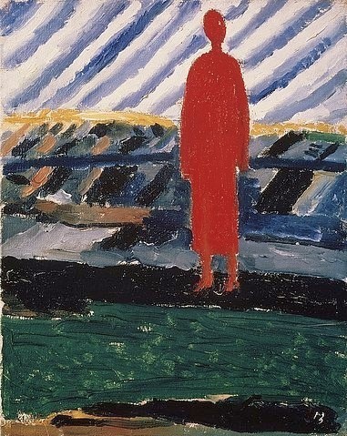 Kasimir Malewitsch, Rote Figur. 1928. (St. Petersburg,Staatliches Russisches Museum,Malewitsch,Kasimir,1878-1935,Öl auf Leinwand,20. Jahrhundert,Russische Avantgarde,Malewitsch, Kasimir Sewerinowitsch,person,mensch,landschaft,rot,anonym,gesichtslos)