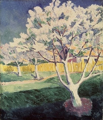Kasimir Malewitsch, Blühende Apfelbäume. Um 1930. (St. Petersburg,Staatliches Russisches Museum,Malewitsch,Kasimir,1878-1935,Öl auf Leinwand,20. Jahrhundert,Russische Avantgarde,Malewitsch, Kasimir Sewerinowitsch,natur,garten,bäume,blüte,blühend,frühling,apfelbaum,russisch,baum,natur)