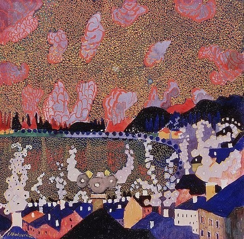 Kasimir Malewitsch, Ein Städtchen. 1910. (Malewitsch,Kasimir,1878-1935,Saratov,Radischev Kunstmuseum,Öl/Karton,20. Jahrhundert,Russische Avantgarde,Malewitsch, Kasimir Sewerinowitsch,kleinstadt,stadt,stadtansicht,dorf,russisch,häuser)