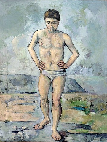 Paul Cézanne, Der Badende. Um 1885 (New York,Museum of Modern Art,Cézanne,Paul,1839-1906,Öl auf Leinwand,19. Jahrhundert,Post-Impressionismus,Paul Cezanne,unsportlich,nachdenklich,grau,Grautöne,rosé,rosa,Pinselduktur,Duktus,Pinselstrich,Mann,Schritt nach vorne,Standbein,Badender,unbunt,nach)