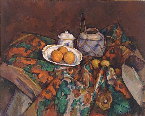 Paul Cézanne, Stillleben mit Ingwergefäß, Zuckerdose und Orangen. 1902-06 (20. Jahrhundert,Post-Impressionismus,Stillleben,19. Jahrhundert,Öl auf Leinwand,1839-1906,Cézanne,Paul,New York,Museum of Modern Art,Paul Cezanne,Ingwertopf,Zuckerdose,Orange,Orangen,Decke,Muster,gemustert,Blumenmuster,floral,rotbraun)