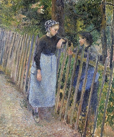 Camille Pissarro, Das Gespräch. Um 1881 (Pissarro,Camille,1830-1903,Öl auf Leinwand,19. Jahrhundert,Impressionismus,Tokyo,National Museum of Western Art,Pissarro, Camille,Gespräch,Unterhaltung,sich unterhalten,Alltag,alltägliche Szene,Frauen,Frau,Zaun,Tratsch,Schürze,Bäuerin)