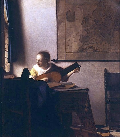 Jan Vermeer van Delft, Die Lautenspielerin am Fenster. 1664 (17. Jahrhundert,Vermeer van Delft,Jan,Öl auf Leinwand,New York,Metropolitan Museum,Jan Vermeer van Delft Musik,Frau, Junge Frau,17. Jahrhundert, Barock, Holland, holländisch, Zimmer, Innenraum, Interieur Fenster, Vorhang, Landkarte, Stuhl, Musik, Musikeri)