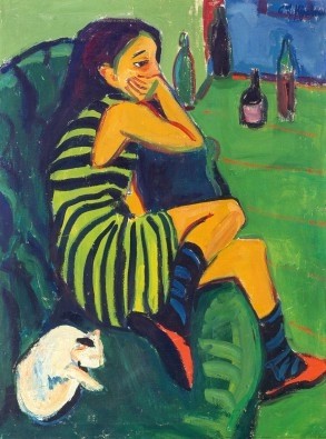 Ernst Ludwig Kirchner, Die Artistin Marcella (Artistin, Zirkus, Mädchen, Katze, Pause, nachdenklich, 20. Jahrhundert, Expressionismus, Malerei, Wunschgröße, Wohnzimmer, Treppenhaus, Malerei, bunt)