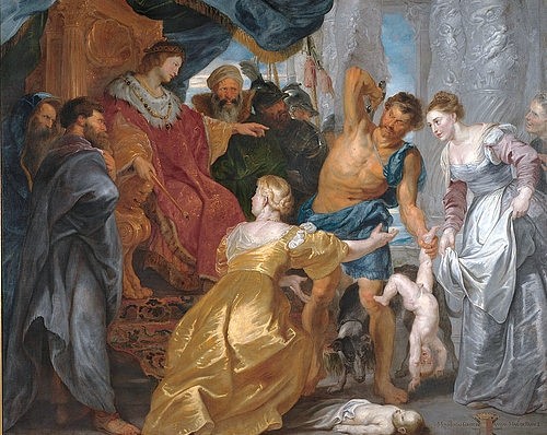 Peter Paul Rubens, Das Urteil des Königs Salomo. Um 1617 (Rubens,Peter Paul,1577-1640,Kopenhagen,Statens Museum,Öl auf Leinwand,17. Jahrhundert,Barock,Peter Paul Rubens,flämisch,Altes Testament,Babies,Baby,Kind,Kinder,Frau,Frauen,König,Salomo,Salomon,Mutter,Mütter,Weisheit,Thron,Urteil,Entscheidung,Einhalt gebie)
