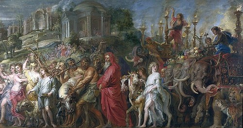 Peter Paul Rubens, Römischer Triumph. Um 1630 (London,National Gallery,Rubens,Peter Paul,1577-1640,Öl auf Leinwand,17. Jahrhundert,Barock,Peter Paul Rubens,nach Andrea Mantegna,Jungfrauen,Riten,Opfertiere,Opfer,Opferung,Trompeter,Musikanten,Stier,Ochsen,Prozession,pontifex,Priester,Wahrsager,Elefant,E)