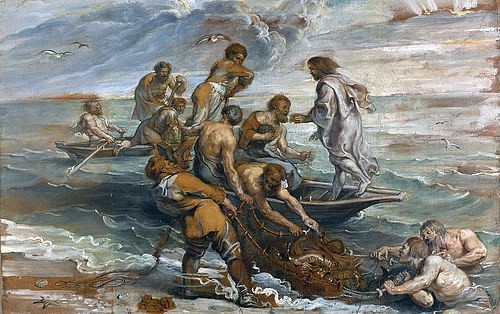 Peter Paul Rubens, Der wunderbare Fischzug. 1618-19 (London,National Gallery,Rubens,Peter Paul,1577-1640,Schwarze Kreide,17. Jahrhundert,Barock,? Fine Art Images,Feder und Öl,auf Papier,auf Lwd.,Peter Paul Rubens,Jesus Christus,Petrus,Fischerboot,Boot,Fischer,wundersam,Wunder,wunderbar,Fischfang,Fischzug,Me)