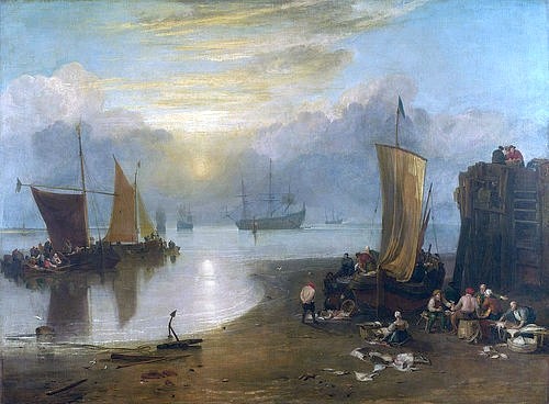 Joseph Mallord William Turner, Sonnenaufgang im Dunst. Fischer beim Ausnehmen und Verkaufen von Fischen. Vor 1807 (London,National Gallery,Turner,Joseph Mallord William,1775-1851,Öl auf Leinwand,19. Jahrhundert,Joseph Mallord William Turner,Aufgehende Sonne,Sonnenaufgang,Segelschiff,Segel,Segelschiffe,Fischer,Strand,Fang,Fische,Küste)