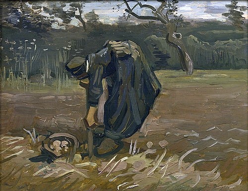 Vincent van Gogh, Bäuerin bei Kartoffelernte. 1885 (Gogh,Vincent van,1853-1890,Antwerpen,Koninklijk Museum,Öl auf Leinwand,19. Jahrhundert,Genre,Post-Impressionismus,Vincent van Gogh,Landwirtschaft,Bäuerin,Frau,sich bücken,Ernte,ernten,Kartoffeln,Feld,Kartoffelfeld,braun,Acker,graben,arbeiten,mühsam,Gemüse)