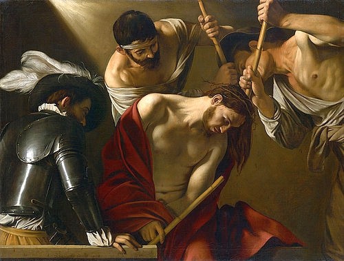 Michelangelo Merisi da Caravaggio, Die Dornenkrönung Christi. Um 1603 (Religion,Christentum,Barock,italienisch,17. Jahrhundert,Christliche Kunst,Öl auf Leinwand,1571-1610,Caravaggio,Michelangelo Merisi da,Wien,Kunsthistorisches Museum,Caravaggio, Michelangelo,Neues Testament, Chiaroscuro, Hell-Dunkel-Malerei,Jesus Christus,P)