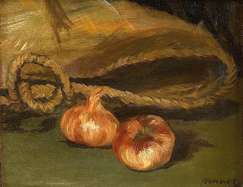 Édouard Manet, Stillleben mit Tasche und Knoblauch. 1861-62 (Stillleben, Tasche, Strohtasche, Knoblauch, Knoblauchknollen, Küche, Esszimmer, Impressionismus, Wohnzimmer, Klassiker, Wunschgröße,)