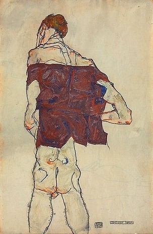 Egon Schiele, Stehender Mann. 1913 (Expressionismus,auf Papier,20. Jahrhundert,Gouache/Aquarell/Bleistift,Christie's Images Ltd,1890-1918,Schiele,Egon,Egon Schiele,1913,Crèmefarben,cremefarben,Jacke,Mann,stehen,von hinten,Rückenfigur,Hintern,sich ausziehen,entkleiden,hager,rostrot)