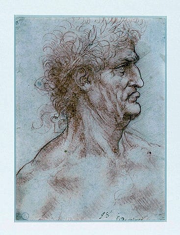 Leonardo da Vinci, Männlicher Kopf, mit Lorbeer gekrönt. Um 1506-07 (Alter Mann, Portrait, Profil, Skizze, Zeichnung, Rötel, Lorbeerkranz, Treppenhaus, Wohnzimmer, Wunschgröße, Renaissance, Klassiker)
