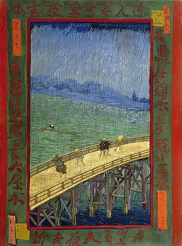Vincent van Gogh, Brücke im Regen (nach Hiroshige). Paris, October - November 1887. (Gogh,Vincent van,1853-1890,Amsterdam,Van Gogh - Museum,Öl auf Leinwand,19. Jahrhundert,brücke,personen,menschen,passanten,fluß,regen,regenwetter,wasser,japan,japanisch,boot,schriftzeichen,regenschauer,japanischer holzschnitt)